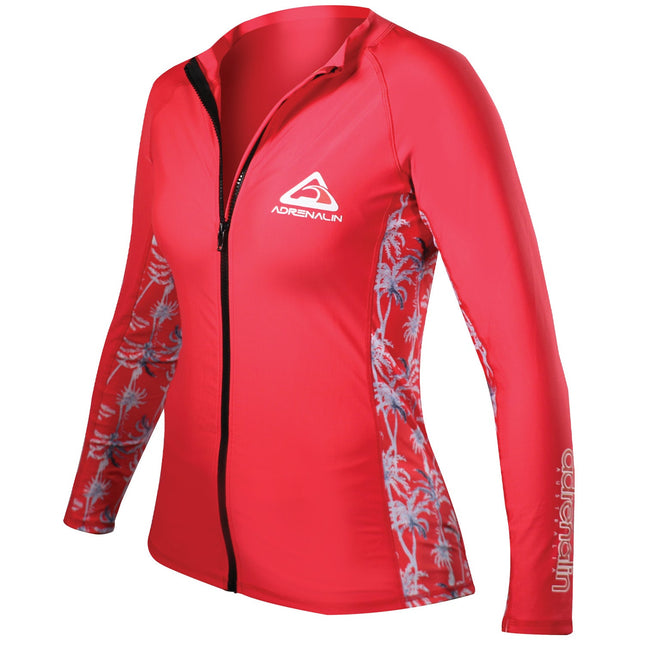 ADRENALIN Womens Beach Lady Zip Rash Vest Crimson Tropical Palm Tree UPF 50+ Long Sleeve Watersports Swimsuit Top