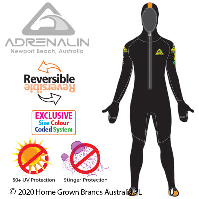 ADRENALIN Unisex Wetsuit Spring Suit for Watersports - Black Orange Reversible with UV and Stinger Protection - Size Jr