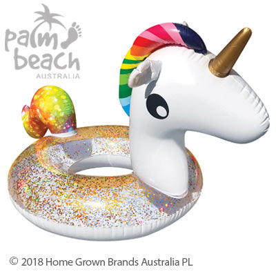 Palm Beach Unicorn Ring Float Inflatable Glitter White Gold Rainbow Beach Pool Accessory Watersports Fun Pool Toy for Kids Adults