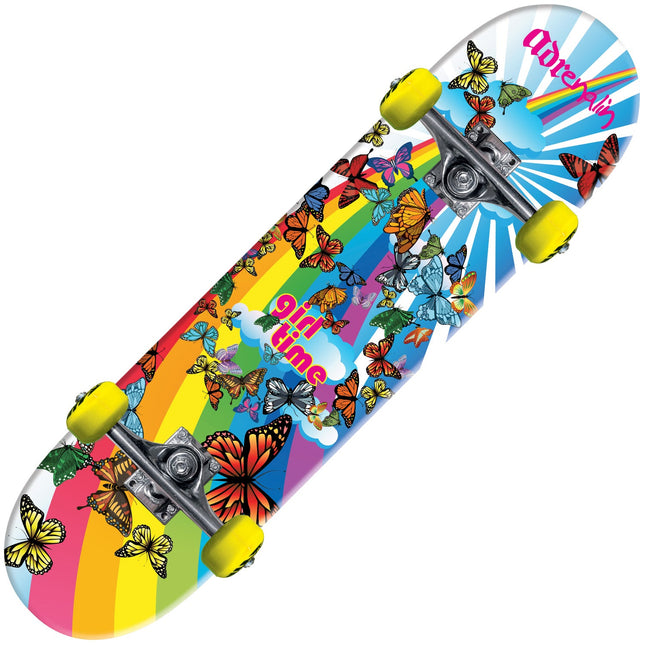 TIME SKATE 31x8 Butterfly Skateboard for Girls, Rainbow and Butterfly Graphic, Maple Deck, Perfect for Street and Park Cruising, ADRENALIN