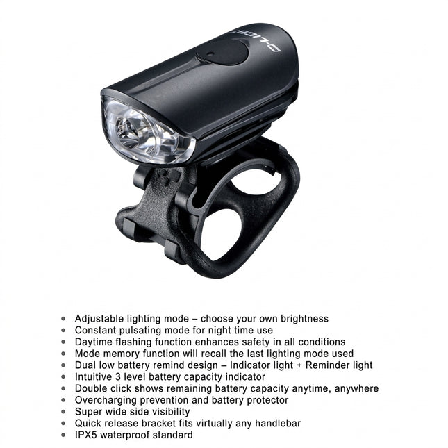 D-Light LIGHT Front, 4 function, 100Lumen "Daytime Flash" w/USB cable, compact sizing, weighs only 19g, Batt remaining indicator light, add item 8383 for "go-Pro" mounting