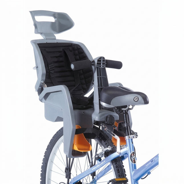 BABY SEAT - GREY Beto Deluxe, Suits 26" Non-Disc Bikes, 3 Point Safety Harness, Includes BLACK Rack, NOT suitable for rear suspension bikes