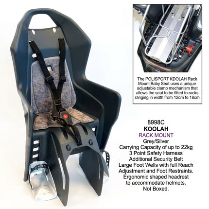 BABY SEAT - POLISPORT Koolah, Rack Mount, 3 Point Safety Harness, Additional Security Belt, Dark GREY/SILVER (Baby Seat ONLY - Rack NOT included -...