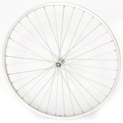 WHEEL Front, 27 x 1 1/4" Nutted ALLOY RIM, 100mm OLD 5/16 axle SILVER STEEL HUB, S/S spokes (READY BUILT - NO MATCHING REAR AVAILABLE)