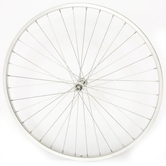 WHEEL Front, 27 x 1 1/4" Nutted ALLOY RIM, 100mm OLD 5/16 axle SILVER STEEL HUB, S/S spokes (READY BUILT - NO MATCHING REAR AVAILABLE)