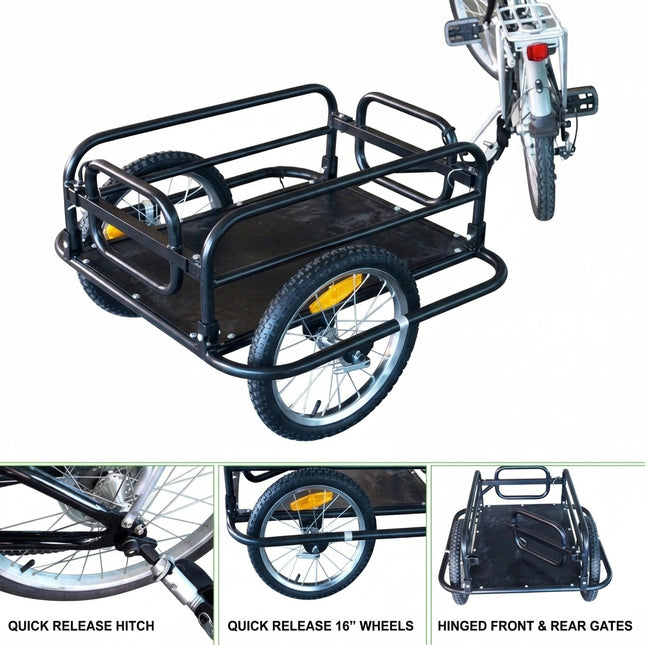 Bicycle Cargo trailer. Steel Frame. Folds flat, 16' wheels-quick release, Capacity:60kgs, Loading size:67*45*25cm