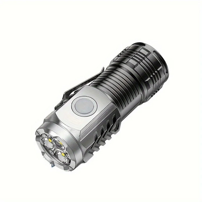 Tactical mini LED flashlight with 3 LEDs, clip, and magnet.
