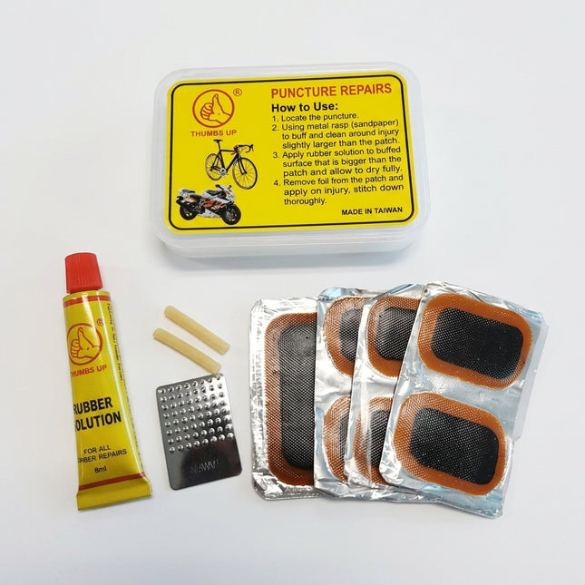 PUNCTURE REPAIR KIT (Individual item) inc rubber solution, valve rubber, metal rasp and 7 patches