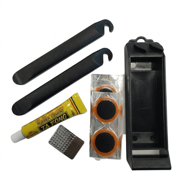 PUNCTURE REPAIR KIT,Nylon tyre levers x 2, rubber solution x 1, patches x 5 pieces+ sandpaper x 1