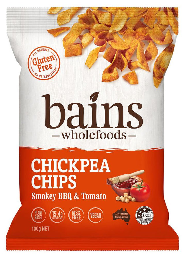 BAINS WHOLEFOODS CHICKPEA CHIPS SMOKEY BBQ & TOMATO G/F 100G X 12