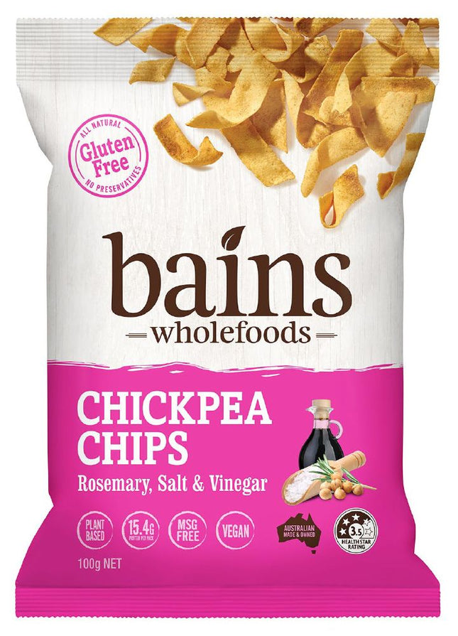 BAINS WHOLEFOODS CHICKPEA CHIPS ROSEMARY, SALT & VINEGAR G/F 100G X 12