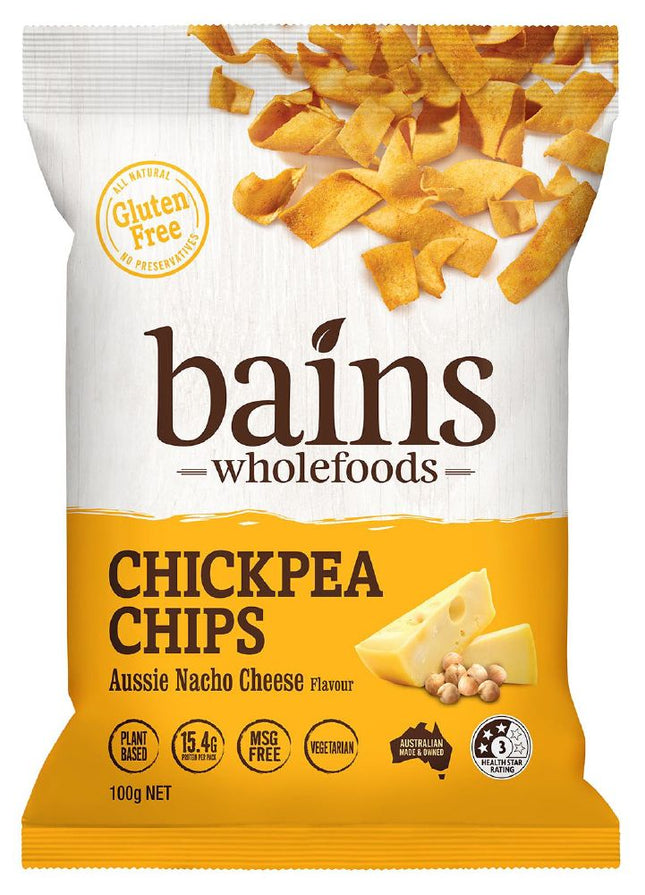 BAINS WHOLEFOODS CHICKPEA CHIPS AUSSIE NACHO CHEESE G/F 100G X 12