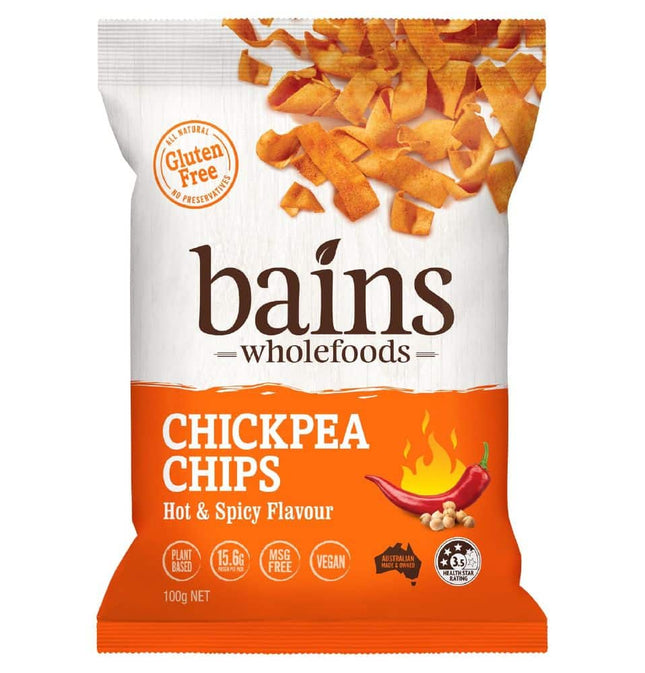 BAINS WHOLEFOODS CHICKPEA CHIPS HOT & SPICY G/F 100G X 12