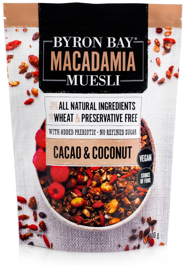 BYRON BAY MACADAMIA MUESLI GRANOLA CACAO & COCONUT 400G