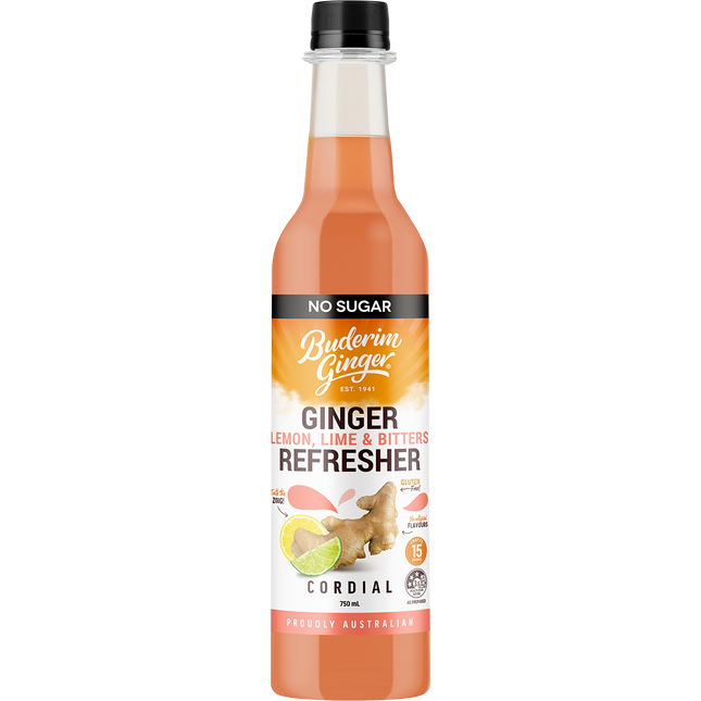 Buderim Ginger Ginger Lemon, Lime & Bitter Refresher Cordial No Sugar 750ml