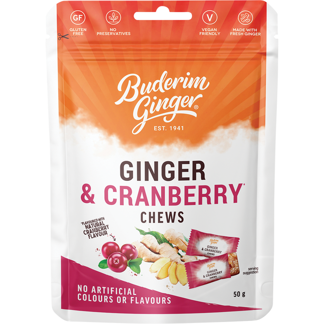 Buderim Ginger & Cranberry Chews 12 x 50g
