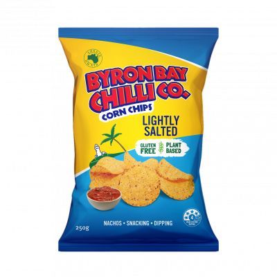 BYRON BAY CHILLI LIGHTLY SALTED CORNCHIPS G/F 12X250G