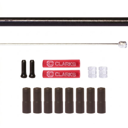 Clarks GEAR KIT - INNER & OUTER, qty 2 x 2300mm Stainless Steel cables, BLACK SP 4mm 2700mm Housing, w/8 ferrules, 2 donutrs and 2 end caps