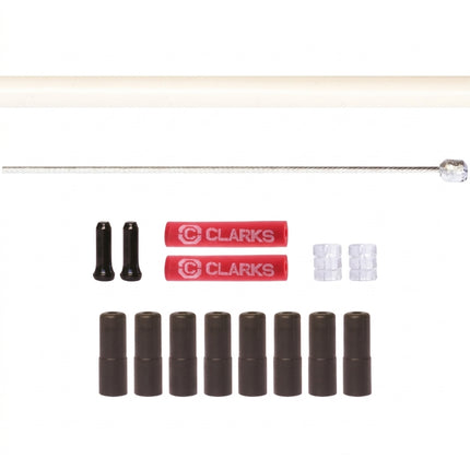 Clarks GEAR KIT - INNER & OUTER, qty 2 x 2300mm Stainless Steel cables, WHITE SP 4mm 2700mm Housing, w/8 ferrules, 2 donutrs and 2 end caps