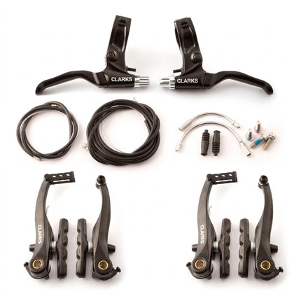 Clarks V BrakeSet, 2 x 110mm V-Brake arm sets, Pair Levers, Cables, Pads, and Guide Pipes, use with twist and thumb gear shift., hinged clamp levers