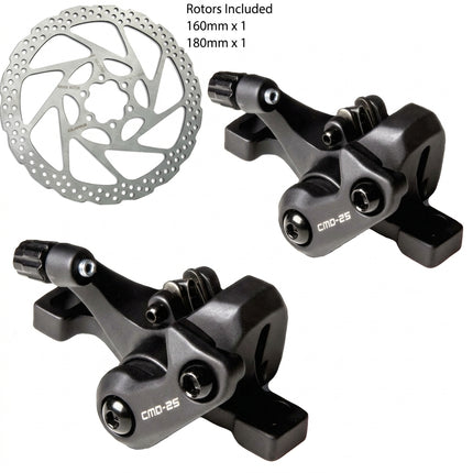 Clarks DISC BRAKE set, CNC one piece calipers w/sintered pads FRONT & REAR, IS & PM compat, (1 x 180mm & 1 x 160mm rotor included)