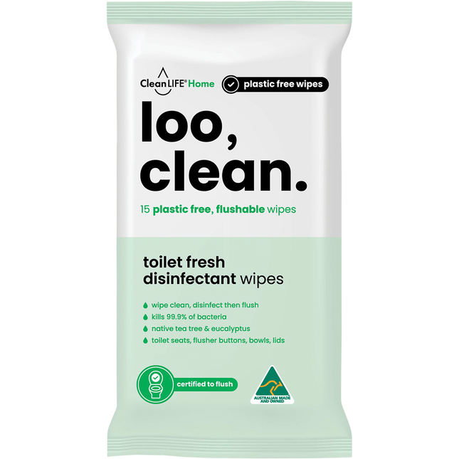 CleanLIFE Loo Clean Flushable Plastic Free Wipes 15pk