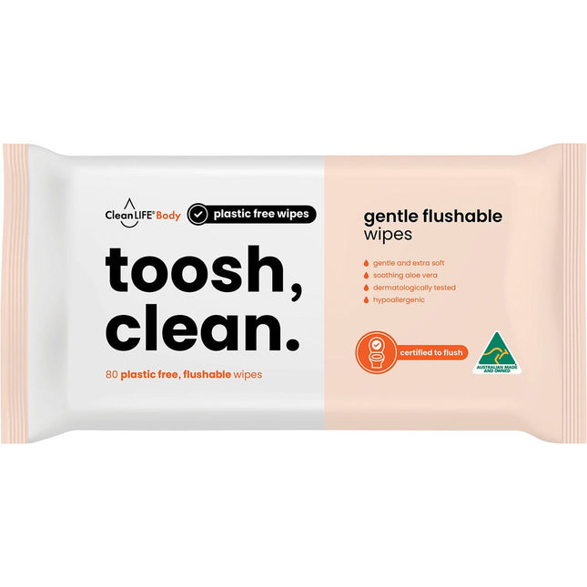 CLEANLIFE Toosh Clean Flushable Plastic Free Wipes 80pk | Protein Powder