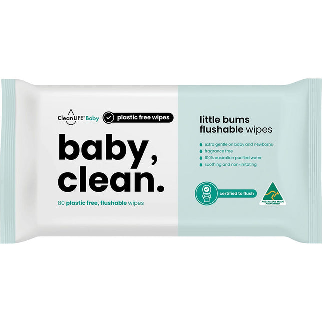 CleanLIFE - Baby Clean Flushable Plastic Free Wipes - 80pk