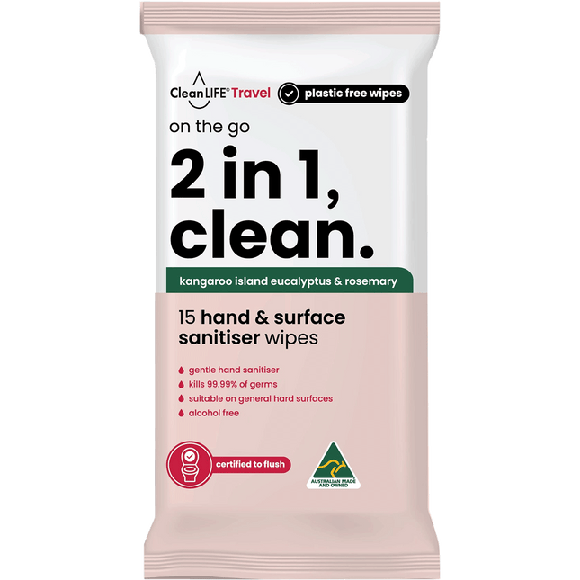CleanLIFE 2-in-1 Plastic-Free Hand and Surface Sanitiser Wipes 15pk
