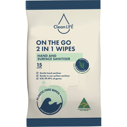 CLEANLIFE 2 in 1 Plastic Free Wipes Hand and Surface Sanitiser 15pk | Personal Wipe