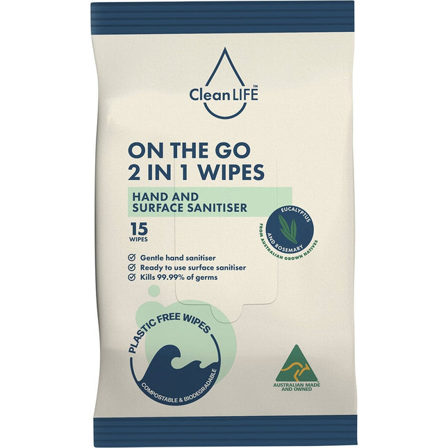 CLEANLIFE 2 in 1 Plastic Free Wipes Hand and Surface Sanitiser 15pk | Personal Wipe