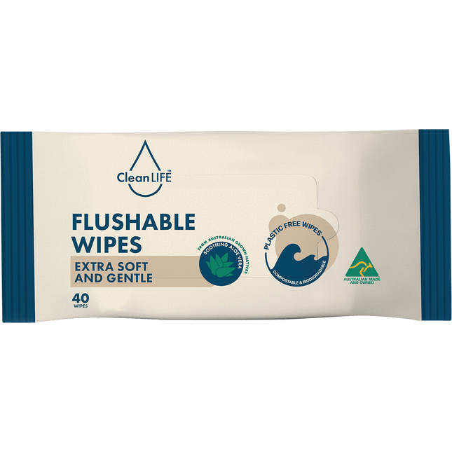 CleanLIFE Flushable Plastic Free Wipes Extra Soft and Gentle 40pk
