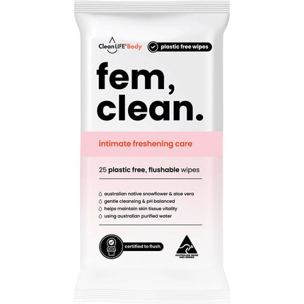 CLEANLIFE Fem Clean Intimate Flushable Plastic Free Wipes 25pk | Intimate Care