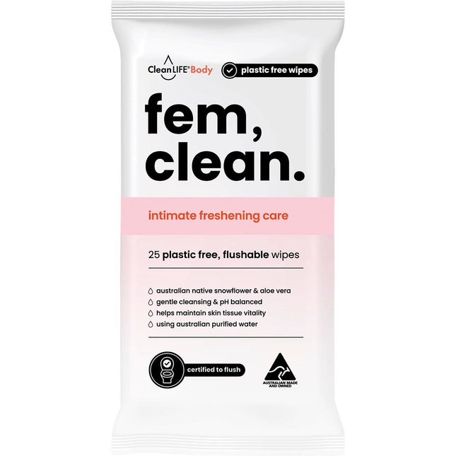 CLEANLIFE Fem Clean Intimate Flushable Plastic Free Wipes 25pk | Intimate Care