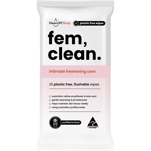 CleanLIFE Fem Clean Intimate Flushable Plastic Free Wipes 25pk