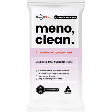 CLEANLIFE Meno Clean Wipes Flushable Plastic Free Wipes 25pk | Personal Wipe