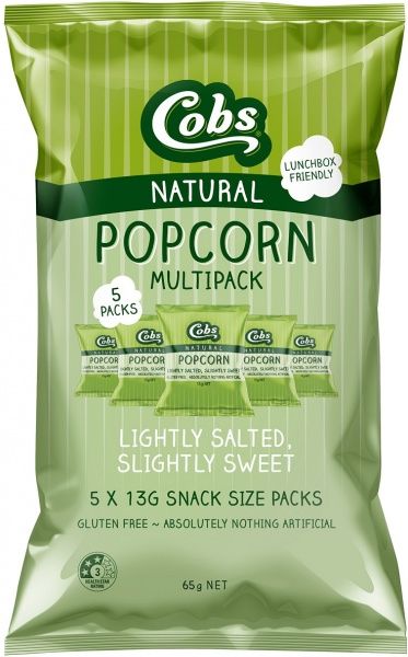 COBS NATURAL POPCORN MULTIPACK LIGHTLY SALTED, SLIGHTLY SWEET G/F (5PK) 10X65G