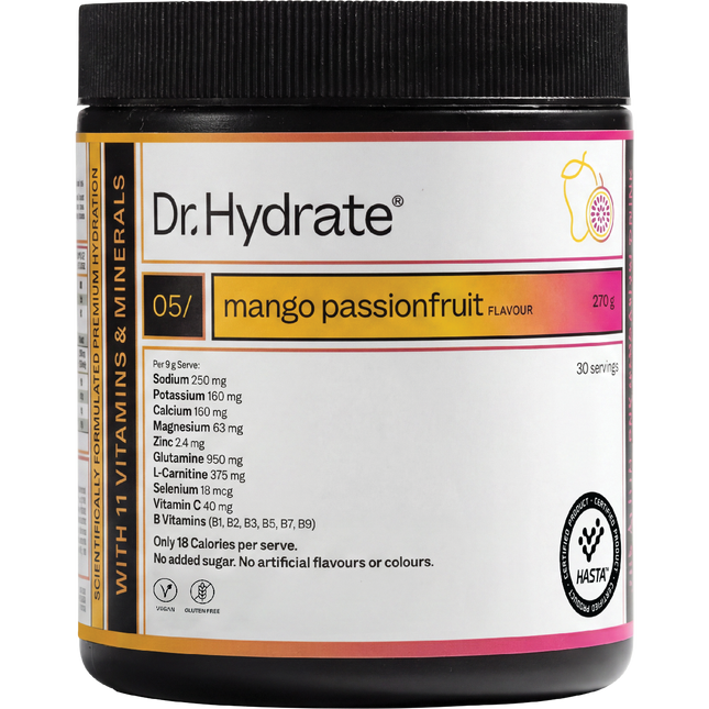 Dr Hydrate All-In-One Hydration Drink Hasta Cert Mango Passionfruit 270g