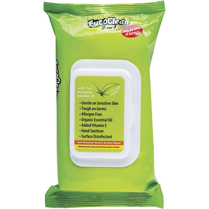 EUCOCLEAN Anti-bacterial Wipes 2-in-1 Hand & Surface 60pk | Face Serum