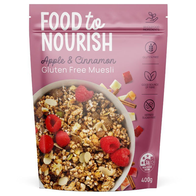 FOOD TO NOURISH GLUTEN FREE MUESLI APPLE & CINNAMON 400G