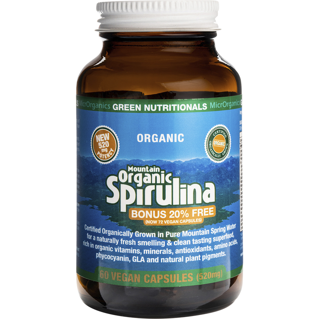 Green Nutritionals Mountain Organic Spirulina 520mg 60 Capsules