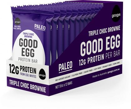 GOOGYS GOOD EGG TRIPLE CHOCOLATE BROWNIE PROTEIN BARS G/F 12X55G