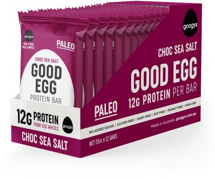 GOOGYS NATURAL PALEO PROTEIN BAR CHOC SEA SALT G/F 12X55G