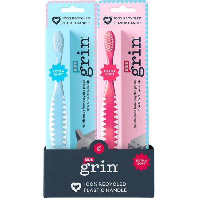 100% recycled toothbrush kids extra soft pink, blue - x8