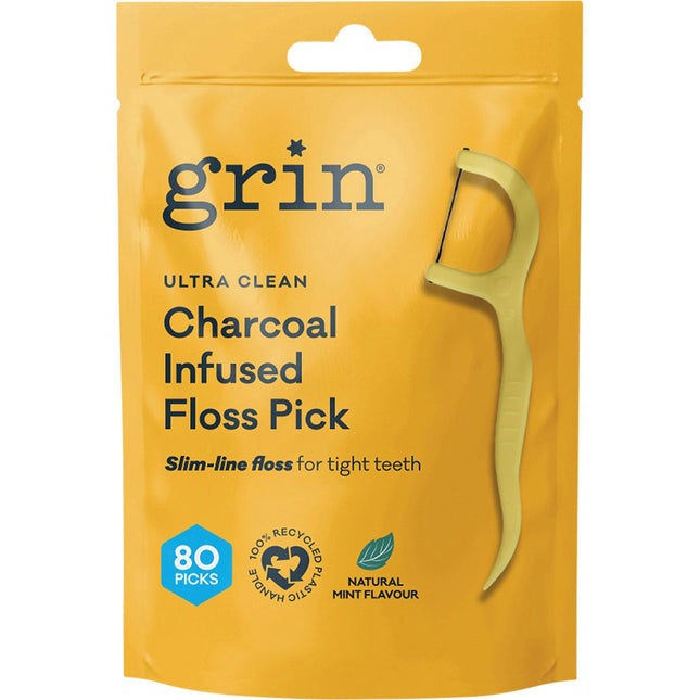 GRIN Ultra Clean Floss Picks Charcoal Infused 80pk | Oral Care