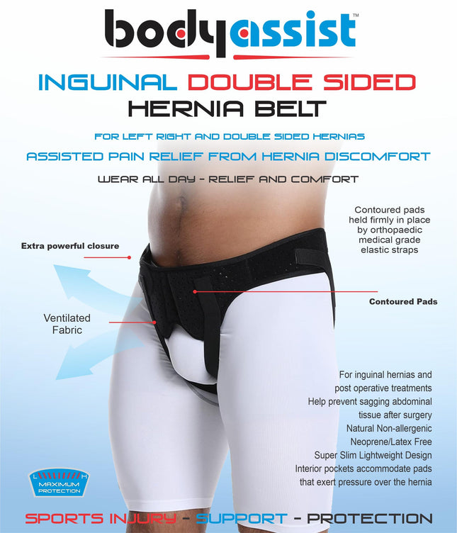 BODYASSIST Inguinal Double Sided Hernia Belt Black