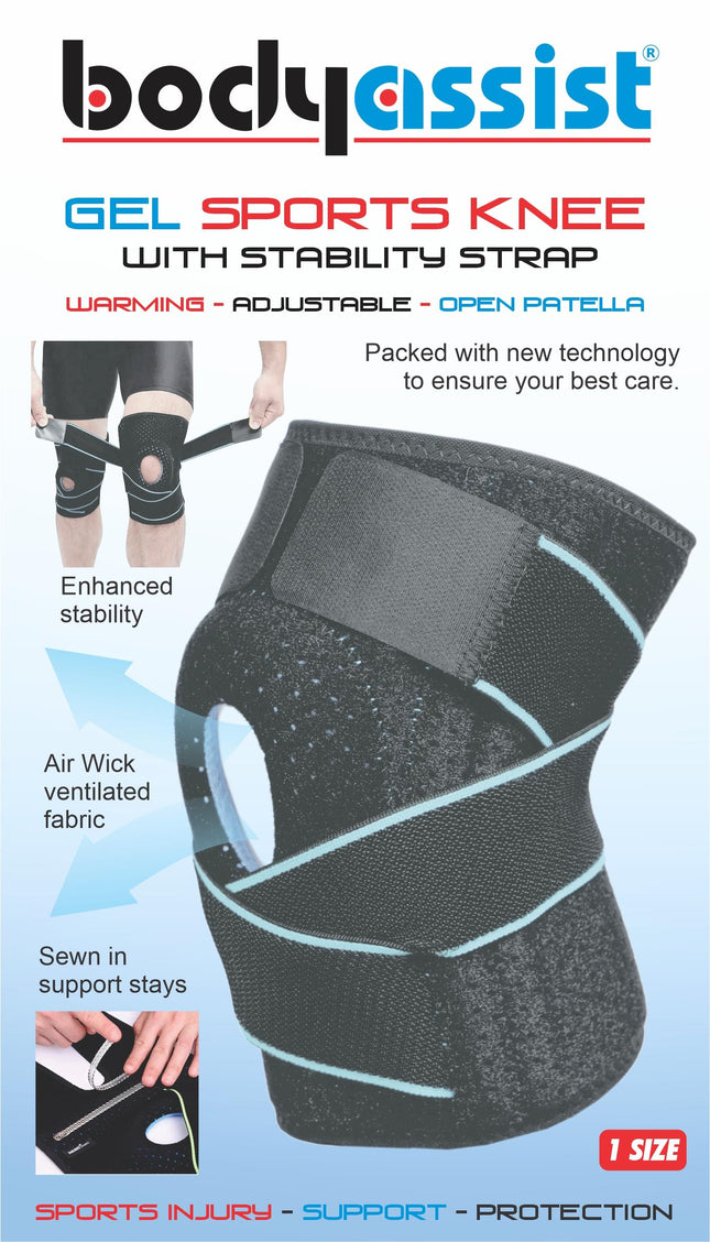 BODYASSIST GEL KNEE SPORTS SUPPORT WITH STABILITY STRAP BLACK 1 SIZE FIT