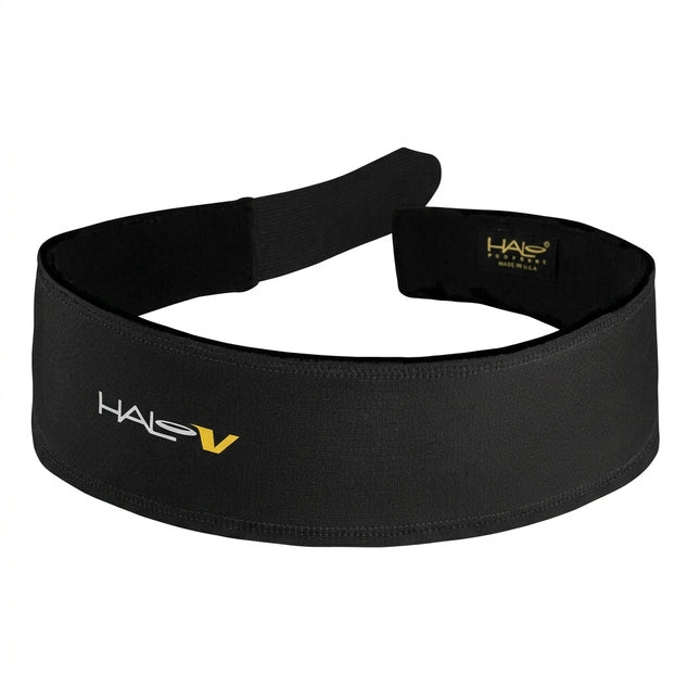 HALO V SWEATBAND - Adjustable fit with Velcro closure, "Halo Sweat Seal, channels sweat away" - BLACK