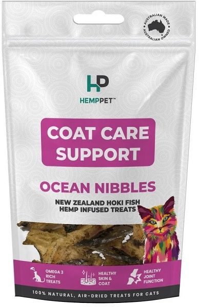 HEMP PET COAT CARE SUPPORT OCEAN NIBBLES NZ HOKI FISH HEMP INFUSED TREATS FOR CATS 70G