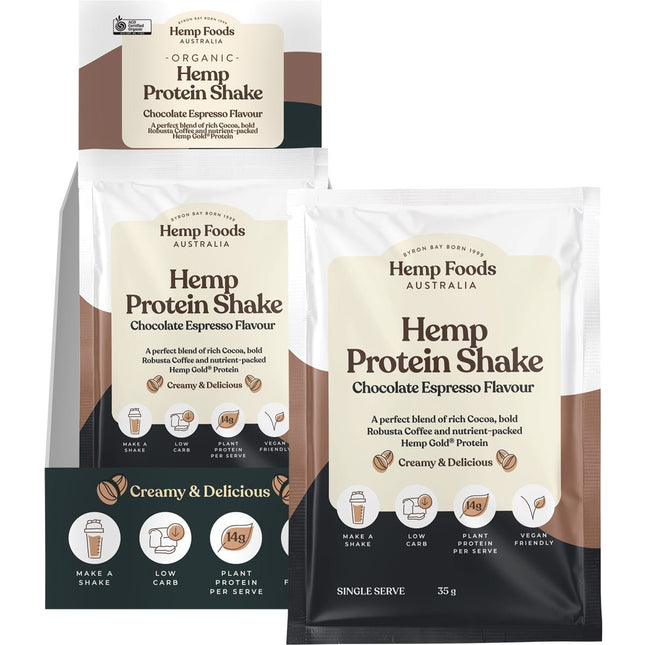 HEMP FOODS AUSTRALIA Organic Hemp Protein Shake Chocolate Espresso 7x35g | Protein Shaker
